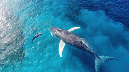 Fototapeta premium blue whale swimming gracefully alongside dolphin in clear waters