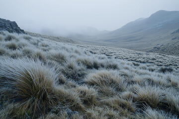 Serene Frost-Covered Landscape at Dawn with Rolling Hills and Misty Background in Nature's Tranquility