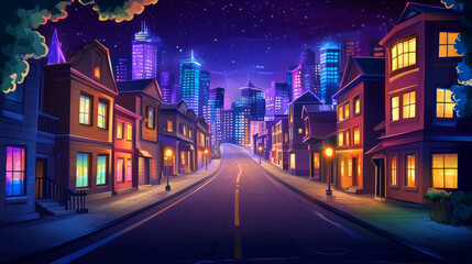 City street with houses and buildings with glowing windows at night. Cityscape with empty road, houses and skyscrapers with neon color ligth, vector cartoon illustration