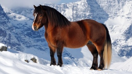Brown Horse Standing Among Beautiful Snowy Mountains. Typical Icelandic Horse Breed with Long Fur and Short Stature. Wild Animals of Iceland.