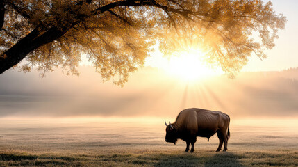 Fototapeta premium buffalo stands in misty morning landscape with soft fog and sunlight