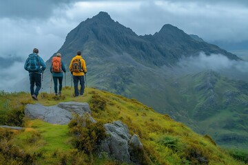 Fototapeta premium Hikers admiring breathtaking mountain view in scotland