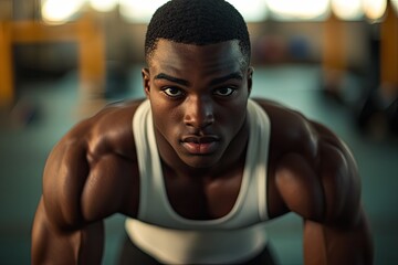 Fototapeta premium muscular young man in fitted tank top pauses mid-push-up looking at camera with confident expression