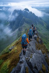 Obraz premium Hikers walking along mountain ridge in misty landscape