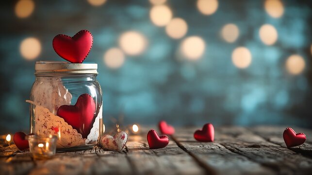 Close up of rustic wooden table decorated with Valentines Day elements a jar holding a heart shaped ornament and textured paper creating an abstract romantic vibe with a grunge style