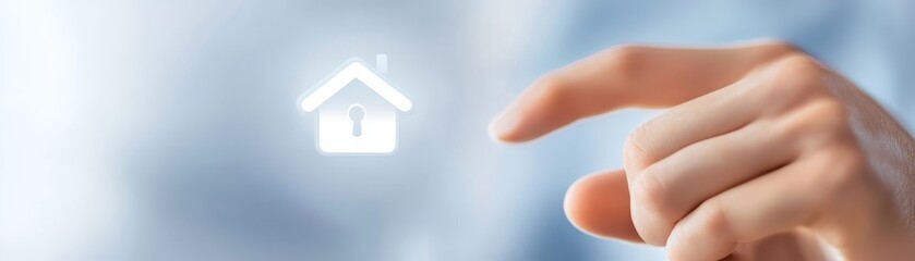Hand selects digital house icon, exploring property search and smart home technology