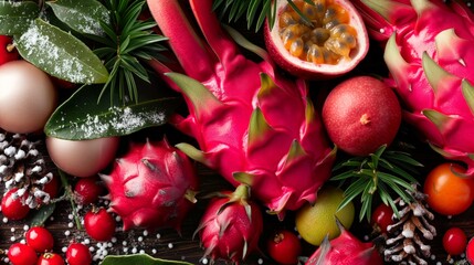 Exotic Winter Fruit & Leeks and Green Onions Month.Vibrant composition of tropical fruits and festive winter decor.