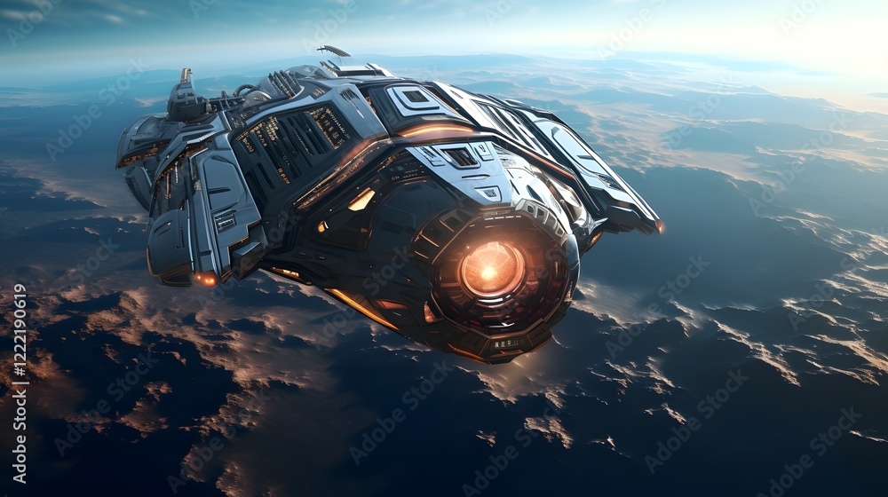 Poster futuristic cubip shaped spaceship hovering over a distant planet a sleek geometric spacecraft floati