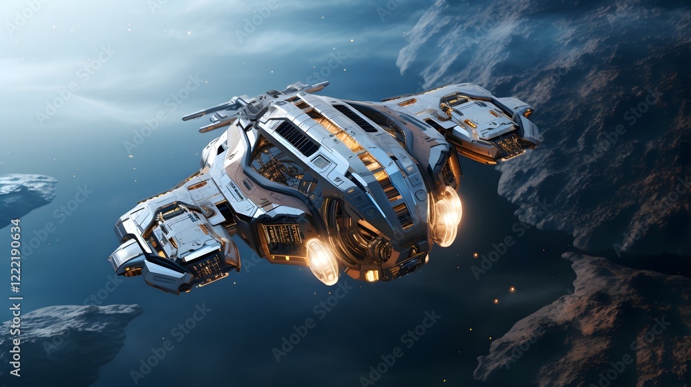 Poster a sleek futuristic cubip shaped spaceship hovering gracefully over a distant alien planet against th