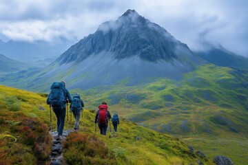 Hikers walking up mountain trail in scottish highlands