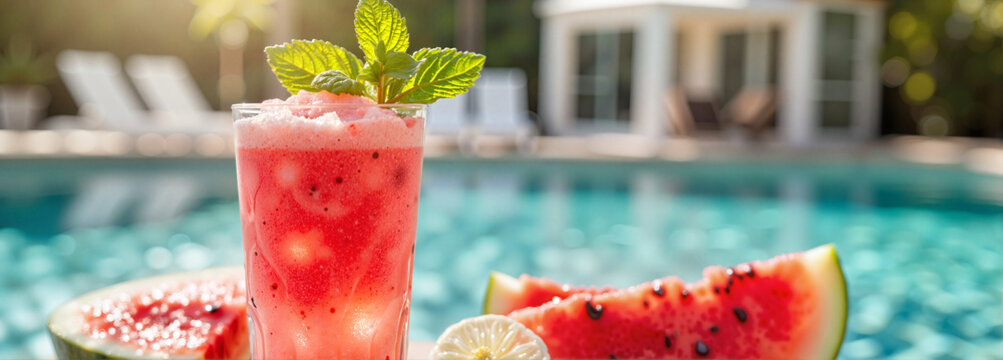 Refreshing watermelon slush served poolside on sunny afternoon, summer delight