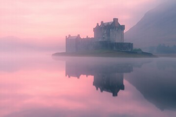 Obraz premium Eilean donan castle reflecting in loch duich during a misty pink sunrise