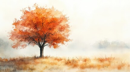 Fototapeta premium Solitary Orange Tree Amidst Soft Fog in an Open Meadow Evokes Tranquility and Serenity in Autumn Season with Gentle Hues and Calm Atmosphere