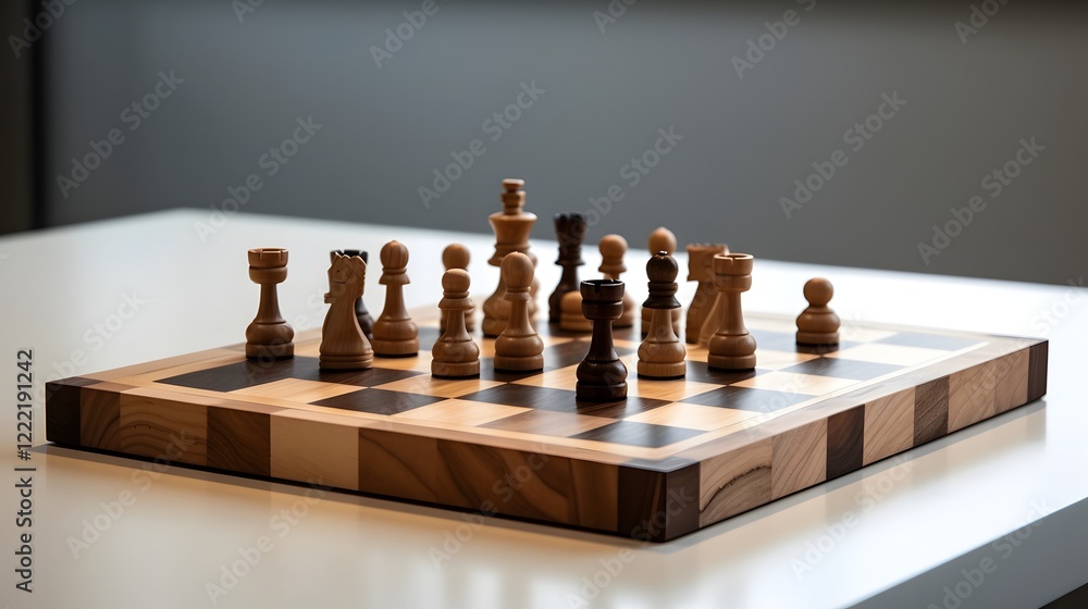 Poster sleek and minimalist cubip shaped chessboard with elegant 3d chess pieces designed for analytical an