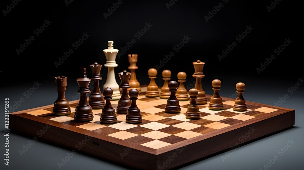 Poster a sleek minimalist cuboid shaped chessboard with abstract digital chess pieces in a modern geometric