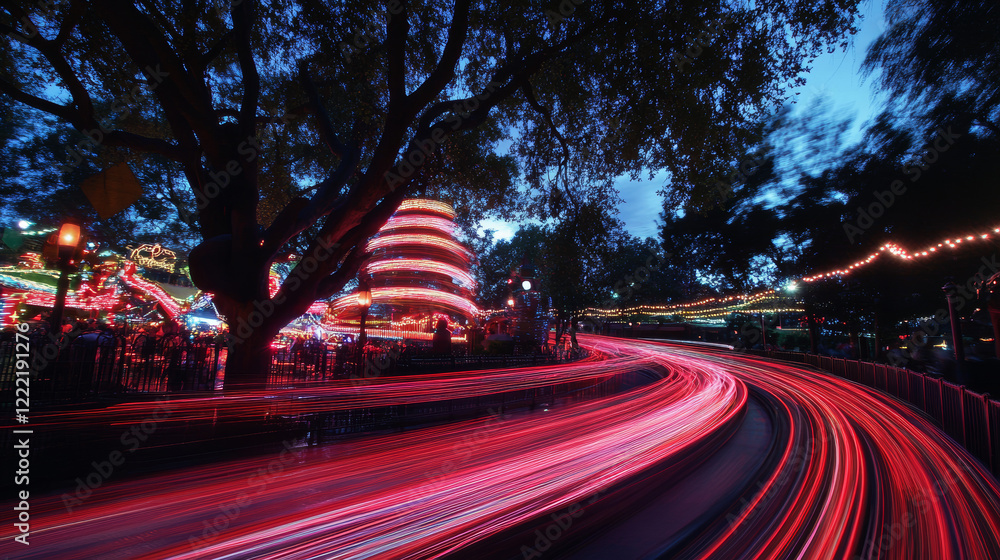 Aufkleber red light lines, effect of speed motion trails. abstract streaks of fast flash movement, blurred glo