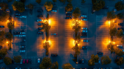Obraz premium Night car park lot on city street vector illustration. Free slot for vehicle on urban public carpark with skyscraper view. Lantern light ray on transport rest zone and many transport back design.