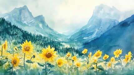 Watercolor sunflowers glowing in vibrant yellow tones, with a peaceful mountain backdrop and natural hues