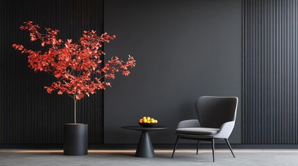 Modern interior design grey armchair, red plant, dark wall