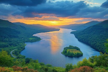 Obraz premium Sunset illuminating lake llyn clywedog in wales with a small island