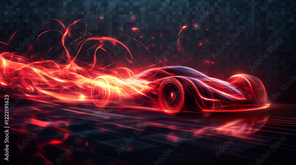 Poster neon light lines and swirls. abstract effect of speed motion with red glow, shine and sparkles isola