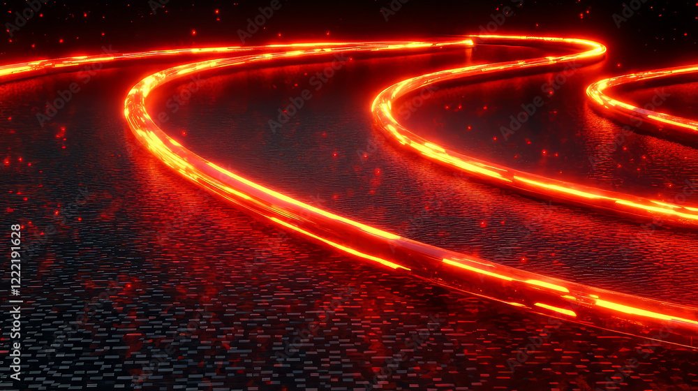 Aufkleber neon light lines and swirls. abstract effect of speed motion with red glow, shine and sparkles isola