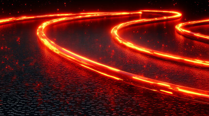 Fototapeta premium Neon light lines and swirls. Abstract effect of speed motion with red glow, shine and sparkles isolated on transparent background, vector realistic illustration