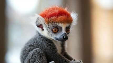 Crowned lemur (Eulemur Coronatus), endemic animal from Madagascar. Palmarium park hotel. selective focus cute funny gray animal with red pattern on head.