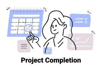 Project completion concept with person pointing at calendar surrounded by charts and graphs in a minimalist sketch style