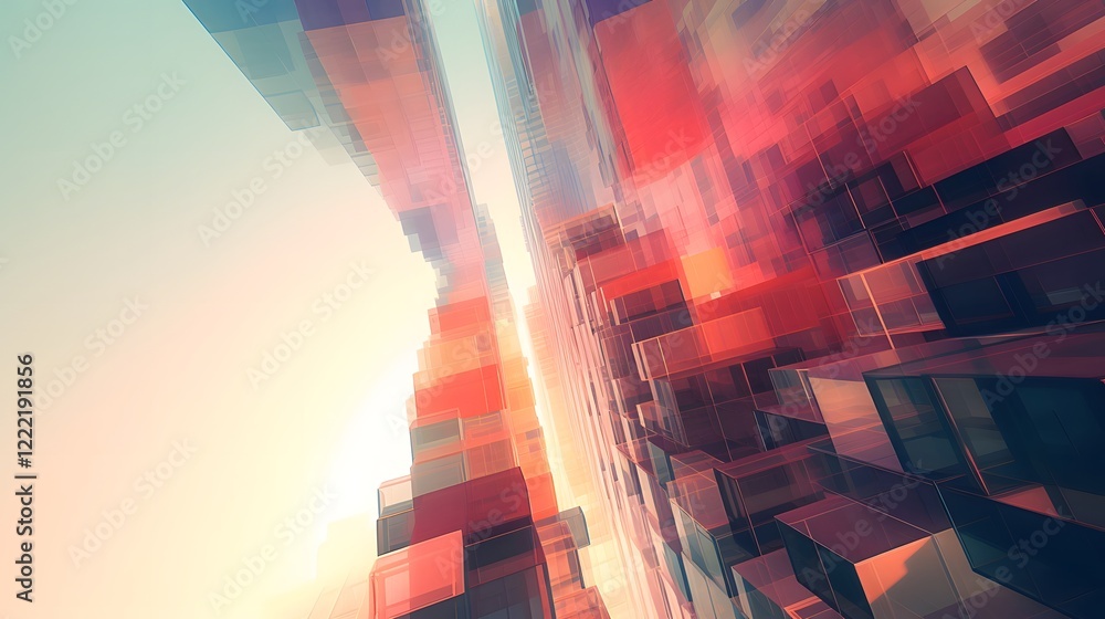Poster towering abstract skyscraper formed by a stacked arrangement of cuboid shapes showcasing a minimalis