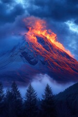 Fototapeta premium Snowy mountain peak burning during sunset with dramatic clouds