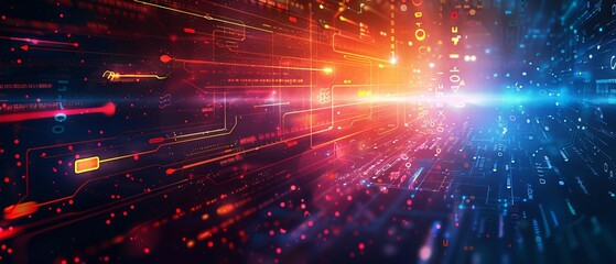 Fototapeta premium Futuristic abstract technology background featuring digital circuit patterns, glowing blue and purple lines, high-tech design, cybernetic elements, and dynamic energy visuals