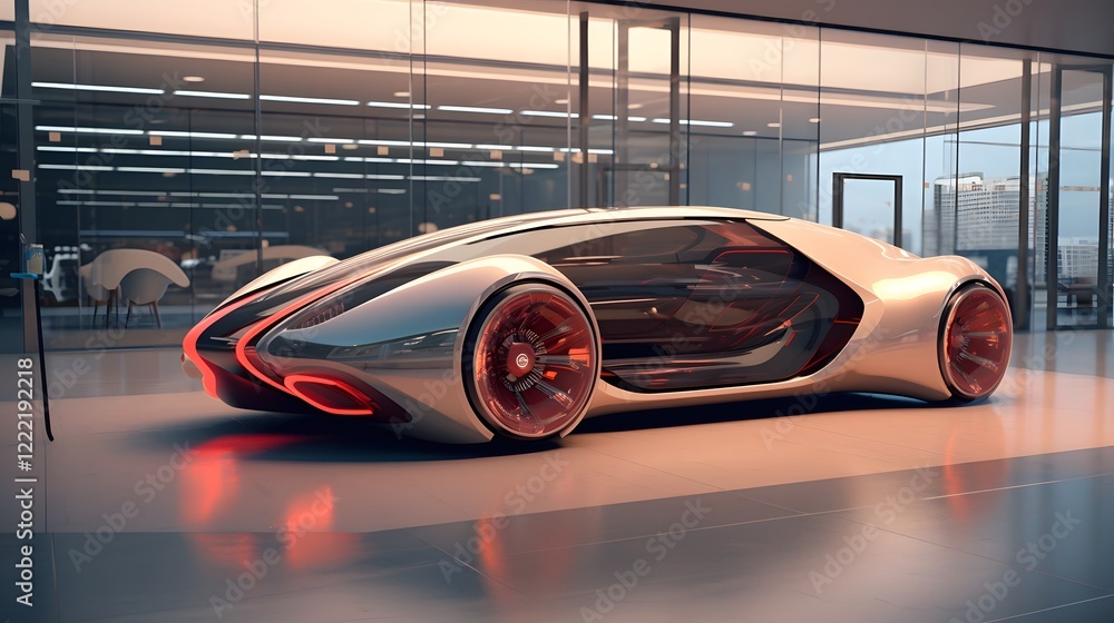 Poster a sleek and innovative futuristic car concept with a cubip inspired geometric design displayed in a 