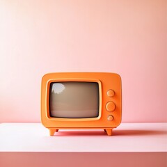 Vintage orange television set on table against a pink gradient wall in retro style photography