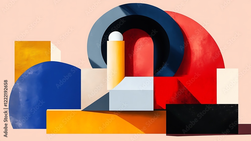 Poster digital artwork of geometric abstract composition with colorful wall background for creative visual 