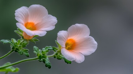 Fototapeta premium Delicate white flowers in bloom on a leafy green branch two