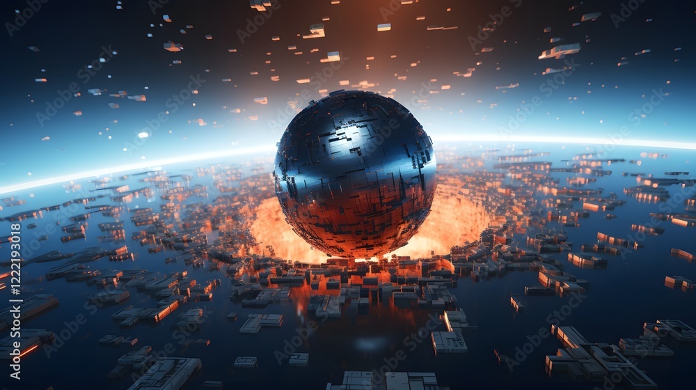 Poster floating cubic sphere suspended in a minimalist futuristic digital landscape with geometric shapes a