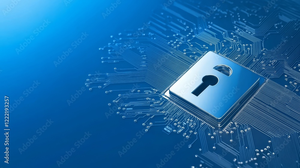 Poster digital security, padlock on circuit board symbolizing data protection circuit