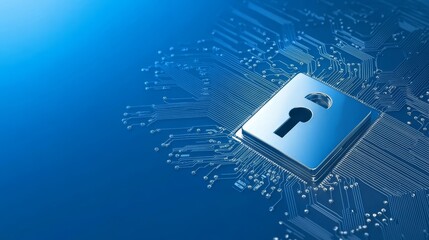 Digital security, padlock on circuit board symbolizing data protection circuit