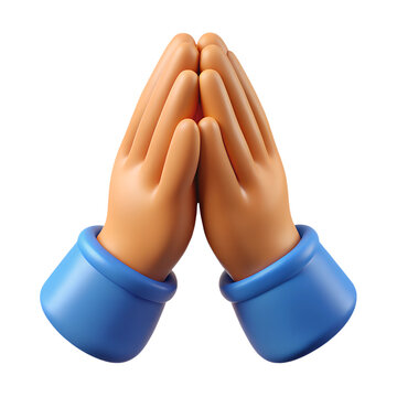 Folded Hands Gesture Icon. Praying hands. 3d rendering isolated on white background. Cartoon plastic style icon