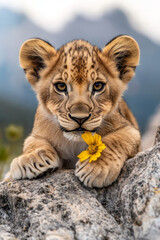 Obraz premium a very cute lion cub with a flower. Relaxed, on a rocky outcrop high in the mountains