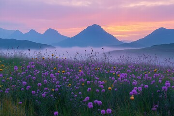 Fototapeta premium Purple flowers blooming in a meadow at sunset with misty mountains