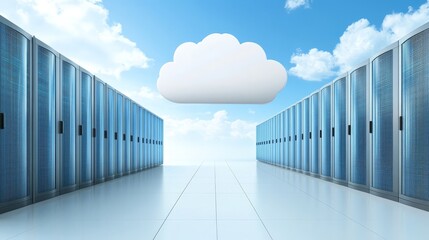 Cloud computing visualization, a single cloud hovers within server room environment