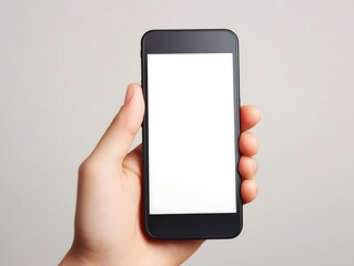 Blank Screen Mobile Phone Held by a Hand on a Dark Background, Ready for Design Mockup or App Presentation in Minimalistic Style
