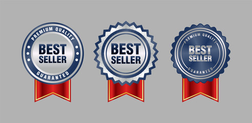 best seller emblem badge sticker in shiny silver and blue with a red ribbon for certified products.