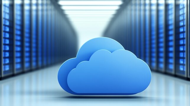 Cloud computing infrastructure, server room cloud symbol of data storage and network connectivity