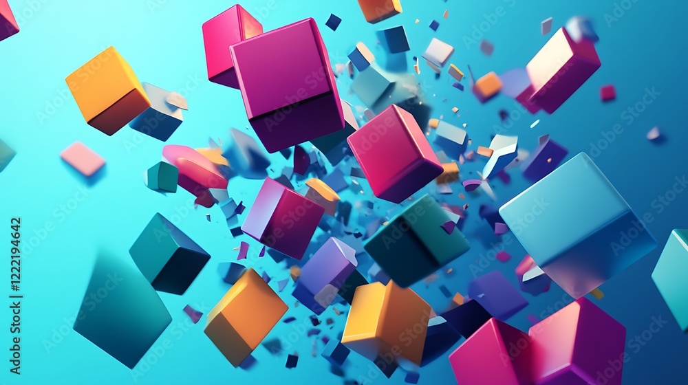 Poster abstract 3d rendering of floating colorful cubes with blue background digital geometric design shape