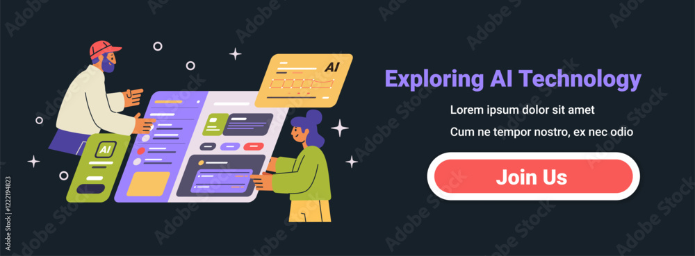 Poster exploring ai technology concept with people interacting with ai interfaces dark background futuristi
