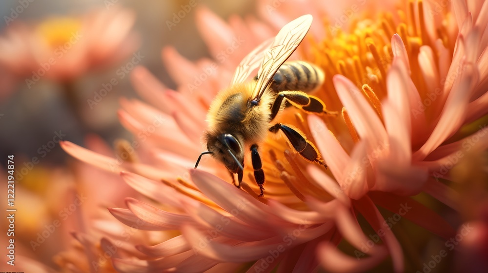 Poster close up view of a hardworking honeybee collecting nectar from the colorful petals of a lush flower 