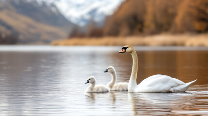 family of swans swimming peacefully in tranquil pond
